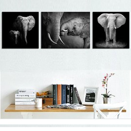 Animal Canvas Wall Art Decor Black and White Elephant Picture on Canvas Elephant Painting Artwork for Living Room Decor Giclee Canvas Prints Ready to Hang (12"x12"x2 panels+12"x16"x1 panel)