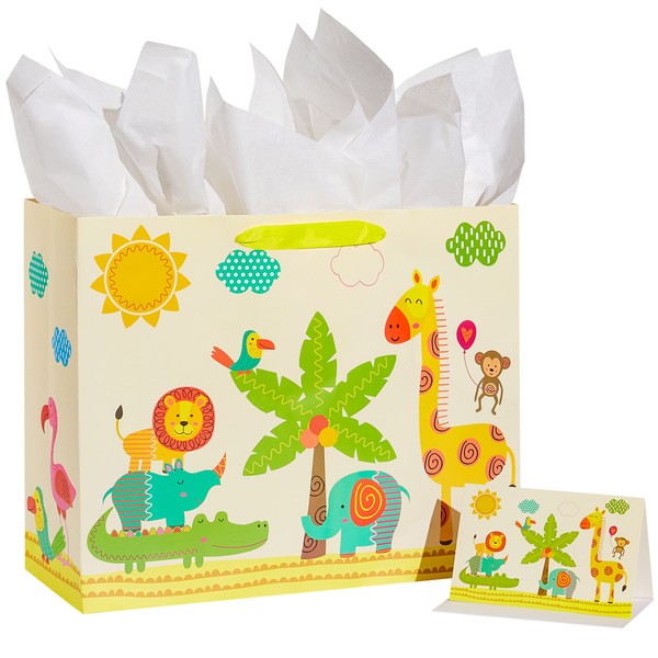 SUNCOLOR 16" Extra Large Gift Bag for Baby Shower with Tissue Paper (Animals)