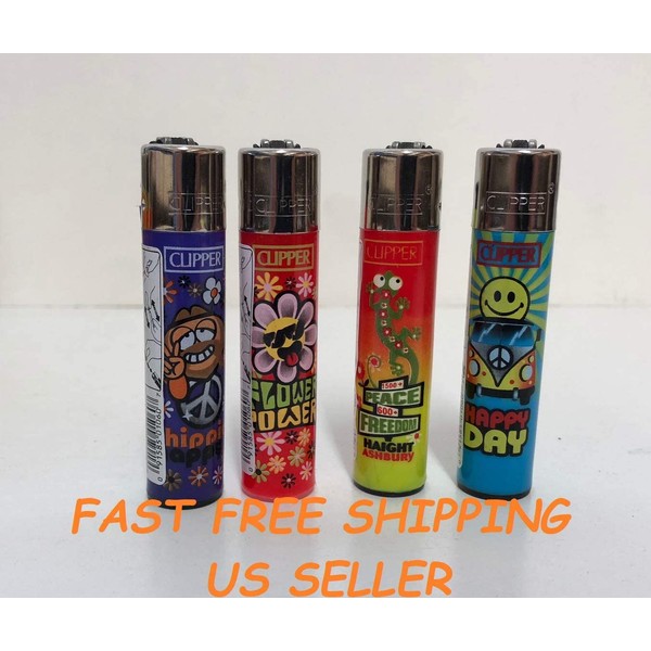 4 Clipper Lighters Refillable Peace Freedom Happy...