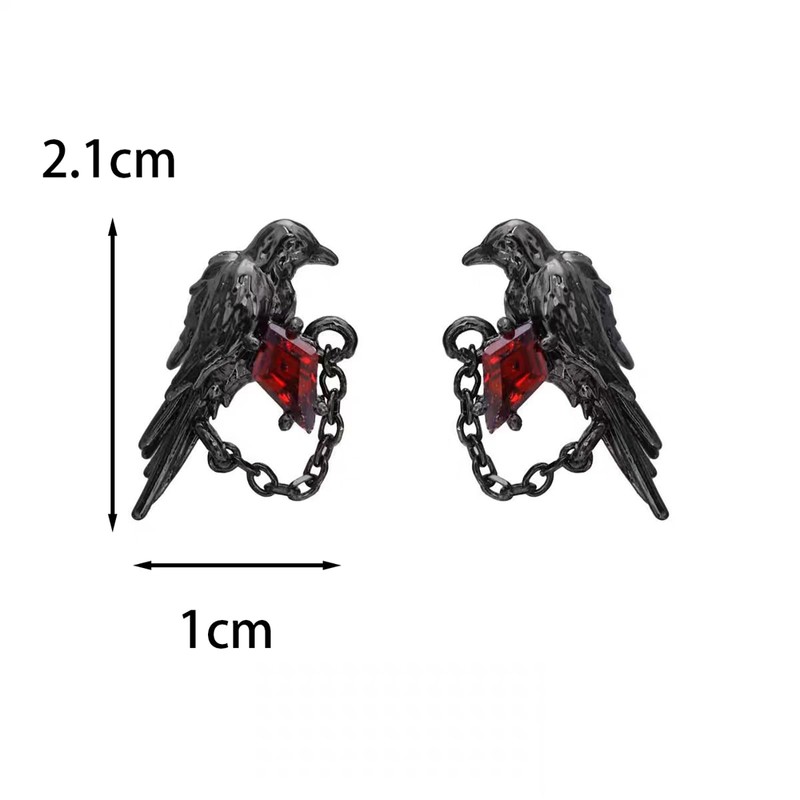 Gothic Black Crow Earrings for Women Red Rhinestone Raven Earring