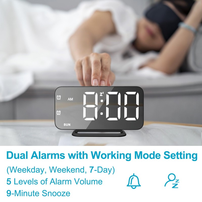 JALL Super Slim LED Digital Alarm Clock, Mirror Surface for