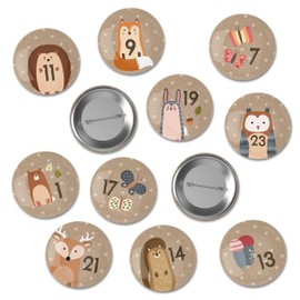 Papierdrachen 24 Advent Calendar Number Buttons 35 mm – Lapel Pins for Decorating Advent Calendars – with Numbers from 1-24 – Forest Animals – Ideal for Fabric Bags, Bags and Bags