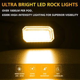 12 Pods Amber Rock Lights Aluminium Metal UnderGlow Light,36 High Power Chips,Aluminium Metal, Each 15ft extension cable,IP68 Waterproof,for Pickup Trucks SUV UTV ATV RZR Car Boats