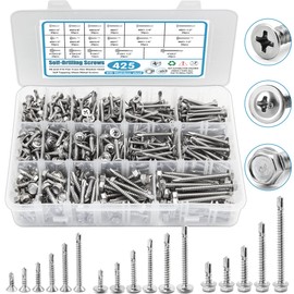 410 Stainless Steel Self Tapping Screws for Metal, #8#10 Self Drilling Assortment Set, 425PCS Truss, Hex & Flat Head Sheet Metal Screws, Length 1/2" to 2"