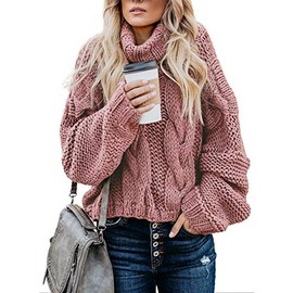 Dokotoo Womens Winter Fall Oversized Turtleneck High Neck Long Sleeve Cable Knit Chunky Sweaters Pullover Outerwear Pink L