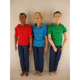 Set of 3 Men's Doll Outfits Jeans with Bright Colored Short Sleeve Polo Shirts 6 Pcs of Clothing