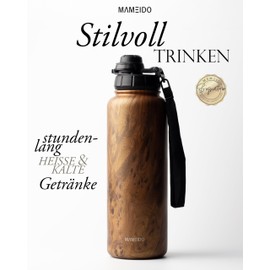 MAMEIDO Thermos Flask with Straw, 1.2 L, Leak-Proof Drinking Bottle, Stainless Steel Insulated, Water Bottle BPA-Free with Carry Strap, Water Bottle Sport (Oak Wood, 1200 ml)