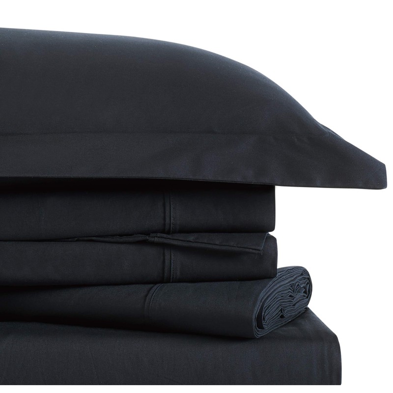 Brooklyn Loom Solid Cotton Percale Sheet Set, Queen, Black