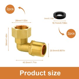 HSUYUN Brass movable screw connection 1/2 inch, right angle screw connection 1/2 inch, external female thread screw connector, 2 pieces 90 degree angle fitting, with washers, for pipe systems