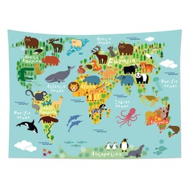 LB World Map Tapestry Animal Tapestry Wall Hanging Cartoon Wild Ocean and Land Creature Distribution Map Wall Blanket for Kids Bedroom Living Room Dorm Decor,60Wx40H inches