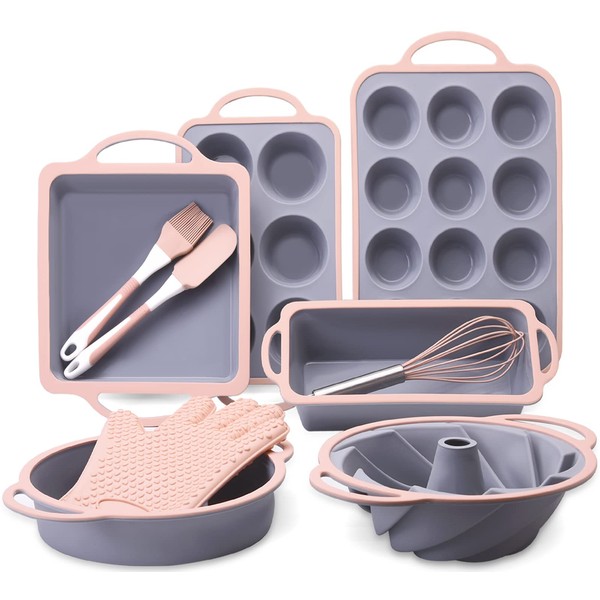 10in1 Silicone Baking Pans Set, Silicone Bakeware Sets, Baking Set, Bundt Cake Pan Muffin Pan with Silicone Spatulas Pastry Brush Oven Mitts Whisk, Silicone Baking Pan Set for Cupcake (Pink Gray)