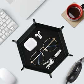 Leather Key Dish Bowl,Wallet and Key Organizer,Tray Organizer,Board Foldable Desktop Sundries Storage Tray Desktop Storage Box, Suitable for Keys, Glasses, Headphones (Black)