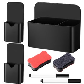 3 Pcs Magnetic Pen Holder, Whiteboard Pen Holder, Magnetic Marker Holder Pencil Holder Organizer for Fridge Refrigerator Office Home, with 2 Magnetic Whiteboard Eraser & 2 Pens(2 Sizes, Black)