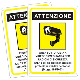Segnali Video Sorveglianza Segno di Sicurezza Alluminio Segnale di Pericolo, 180 x 250 mm, Pack of 2