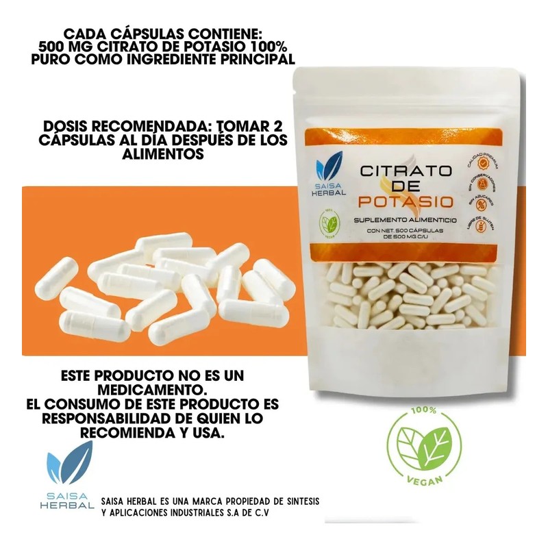 Citrato De Magnesio Y Citrato De Potasio 500 Cáps Cu