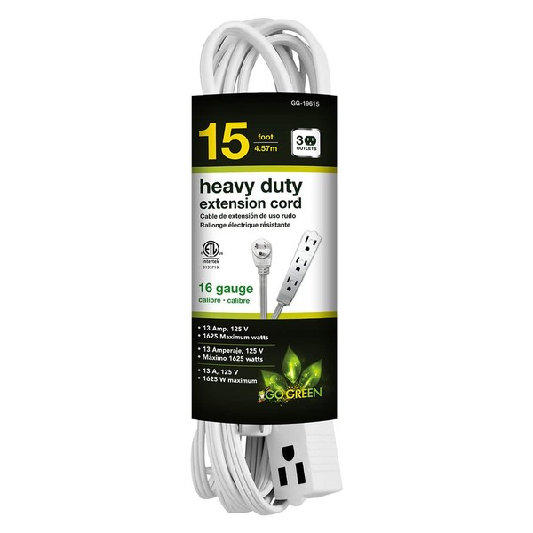GoGreen Power (GG-19615) 16/3 15’ 3 Outlet Extension Cord, White, 15 Ft Cord
