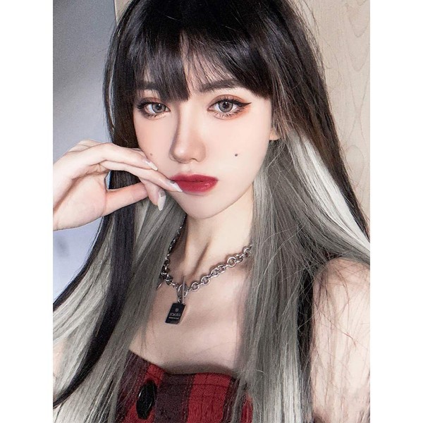Kaneles Long Straight Black Mix Grey Wig With Bangs Heat Resistant Synthetic Hair Wig for Women
