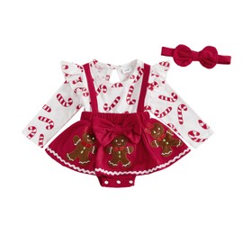 My First Christmas Baby Girl Outfit Newborn Gingerbread Tutu Romper Dress Candy Cane Infant Fall Winter Clothes (A Gingerbread Candy Cane Red, 3-6 Months)
