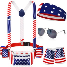 9 Pcs Patriotic Fanny Pack Beverage Beer Belt Set USA Belt Bag Suspenders Drink Holder American Flag Headband Wristband (Stylish)