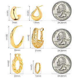 Xinxinly 6 Pcs 18K Gold Plated Hoop Earrings Set for Women, Chunky Hypoallergenic Thick Open Huggie Earrings Lightweight Cooper Earrings for Women and Girls Jewerly Gifts