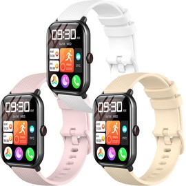 [SHANCHI] 【3本セット】 Vialove KW105-G01 1.9インチ 用 交換バンド 22mm スマートウォッチ用 シリコンバンド エコ素材 小さなグリッドパターンデザイン 防水防汗 カード式バックル 長さ調節簡単 快適な通気性(ホワイト+ピンク+ベージュ)