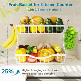 Zurklulu White 2 Tier Large Fruit Basket for Kitchen Counter with 2 Banana Hangers, Metal Fruit Bowl for Onion Vegetable Bread Snack, Countertop Organizer – 14.5" W x 9.5" D