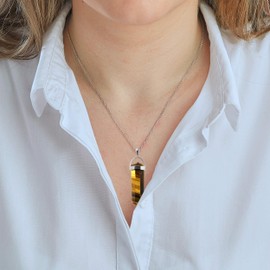 Franki Baker Large A+ Quality Tiger's Eye Natural Gemstone Double Edge Sword and 925 Sterling Silver Pendant Necklace. Chain length:50cm. Pendant length: 4.5cm.