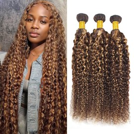 Dokksiiia 24 26 28 Inch Highlight Chocolate Brown & Honey Blonde Ombre Bundles Human Hair P427 Curly Wave Bundles Double Weft Brazilian Human Hair Extensions for Black Women