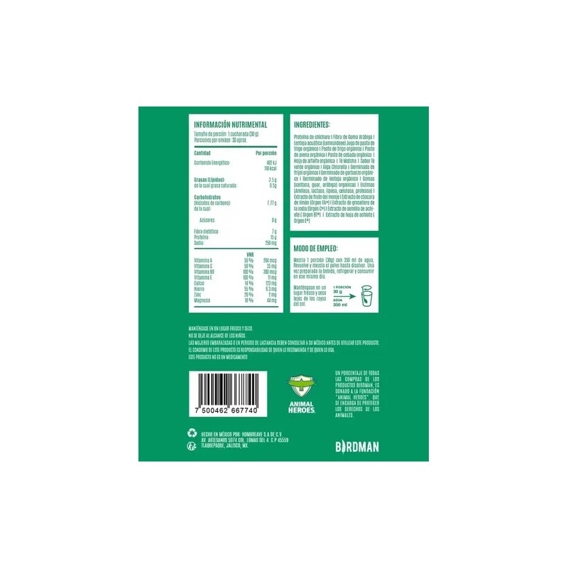 Suplemento en polvo Birdman Proteínas de Parrot sabor matcha x