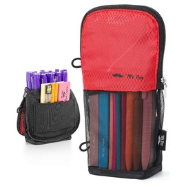 Mr. Pen - Estuche para lápices de pie, diseño de malla con vista en forma de V, negro y rojo, bolsillo interior y 2 bucles elásticos para grapas, lind