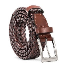 Men's Braided Leather Belt,JASGOOD Braided Woven Belt for Men Casual Jeans with Solid Strap Single Prong Buckle,Suit for Pant Size 38''-42'',D-Brown-Silver Buckle