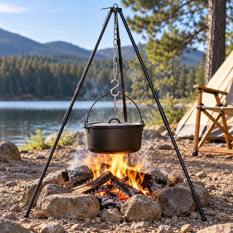 Adjustable Camping Tripod for Campfire Cooking – Portable Hanging Pot