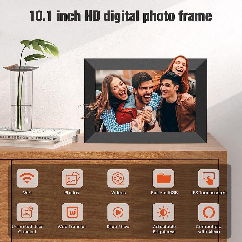 Aorpdd 10.1 Inch HD WiFi Digital Photo Frame, 16:10 Touchscreen