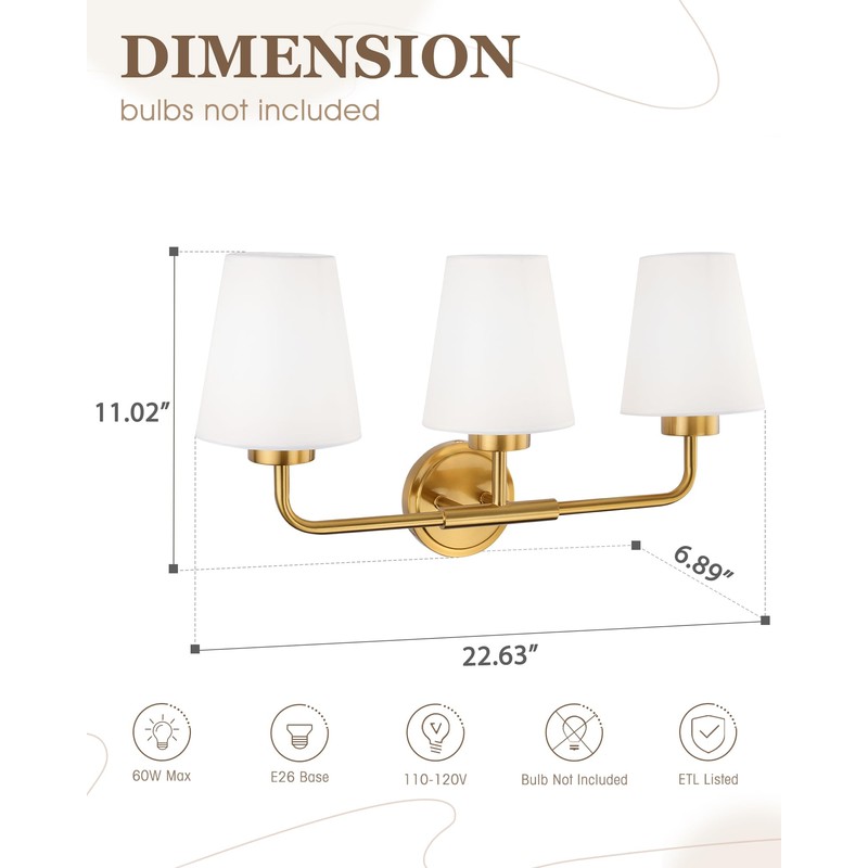 Audickic Brushed Gold Bathroom Light Fixtures with White Fabric Shades