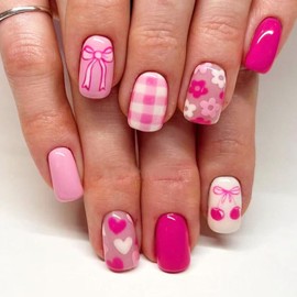 Cute Flower Press on Nails Pink Bow Heart Fake Nails Medium Square Glue on Nails Glossy Acrylic False Nails Reusable Stick on Nails for Women