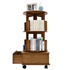360°Rotating End Table 2 Tiers Children's Bookshelf Large Capacity Reading Rack Storage, 8 Compartments Night Stand Bedside End Table, Storage Table with 1 Drawers & Wheels (16.1×31.9in) (Tea Color)