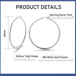 KRFY 925 Steling Silver Hoop Earrings for Women 18K Gold Plated Hypoallergenic Large Earrings with Graduated Curvature Light Hollow Chunky Golden Earrings for Women 60/70/80 mm, Sterling Silver