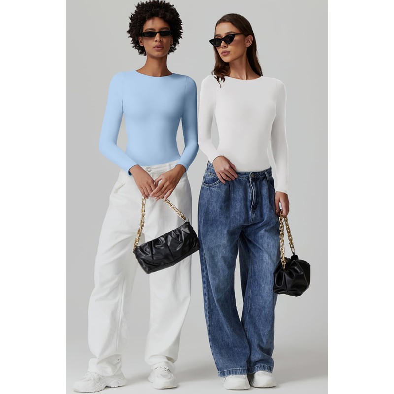 QINSEN Long Sleeve Body Suit for Women Round Neck Fall