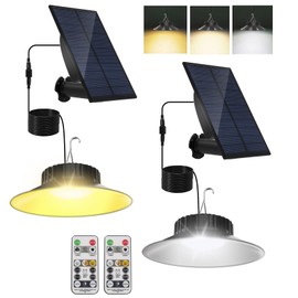 TSUNESLUX 2 Pack Solar Pendant Light Solar Shed Light, Outdoor Lights Powered with Remote 3000K/4000K/6000K, IP65 Waterproof for Garden, Patio, Balcony, Barn, Shed, Courtyard, Barn