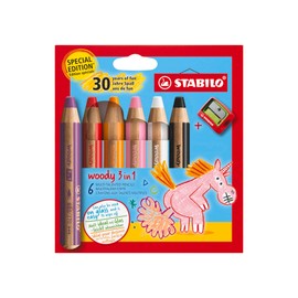 STABILO - Colouring Pencil, Watercolour & Wax Crayon - Woody 3 in 1 - Anniversary Edition - Unicorn - Pack of 6 with Sharpener - 6 Colours