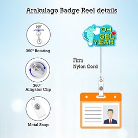 Arakulago Oh Gel Yeah Funny Badge Reel Retractable Nursing Nurse Badge Holder with ID Clip Accessories Medical Assistant Doctor Hospital CNA RN Name Badge Clip Glitter Acrylic ID Card FF63T