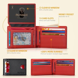 Wallet for Men Slim Rfid Leather 2 ID Window With Gift Box, Carbon black & red