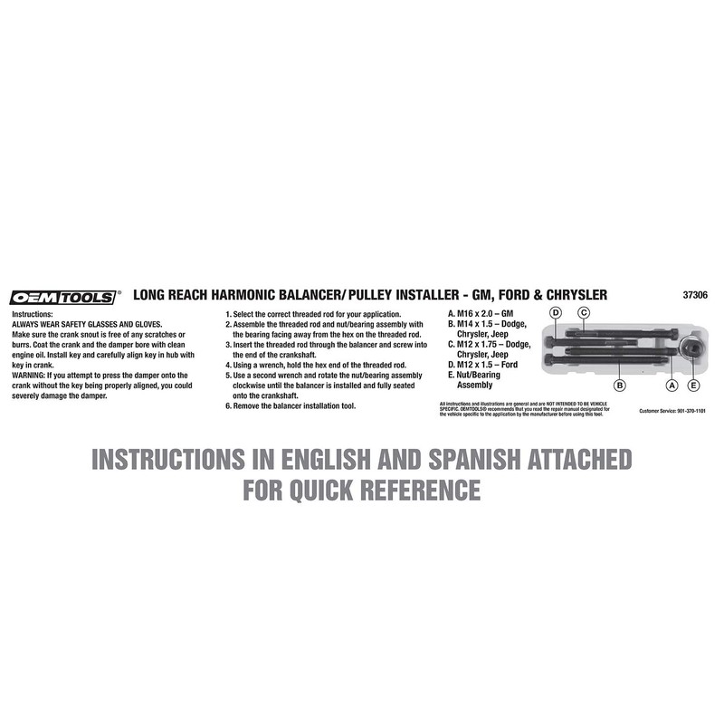 OEMTOOLS 37306 Long-Reach Harmonic Balancer/Pulley Installer Kit, Extra Long Forcing