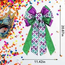 Large Mardi Gras Bow for Wreath, Glitter Purple Green Gold Mardi Gras Wreath Bow, Large Mardi Gras Tree Decorations, Fat Tuesday Ornaments for Front Door Indoor Outdoor Masquerade Decorations