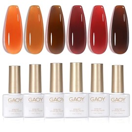 GAOY Jelly Tortoise Brown - Juego de esmaltes de uñas de gel marrón, 6 colores transparentes rojo oscuro naranja calabaza, removible con remojo, curad