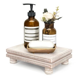 EOSAHR Decorative Tray Wood Pedestal Stand – Farmhouse Wooden Tray for Soap Holder & Bathroom Accessories - Kitchen Essentials & Bathroom Organizer for Home Decor (Natural Wood)