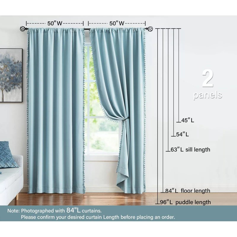 TREATMENTEX Pom-Pom Blue Curtains Living Room 84 inches Energy Efficient