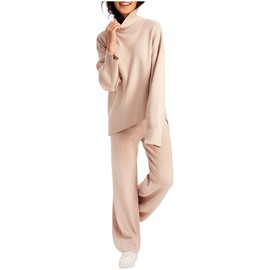 Amoretu 2 Piece Outfits Sweater Set Long Sleeve High Neck Knit Sweater Tops and Wide Leg Pant, Apricot S
