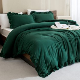 Andency King Dark Green - 3 Pieces Lightweight Ruffle Bedding Farmhouse Ruffle Bed Comforter Set, Lightweight and Soft Bedding Comforter for All Seasons