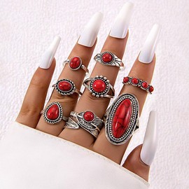 Zhang shine Western Turquoise Ring Set for Women Vintage Knuckle Rings Turquoise Stackable Rings Country Concert Outfits Boho Jewelry Bohemian Cowboy Cowgirl Accessorie-Red